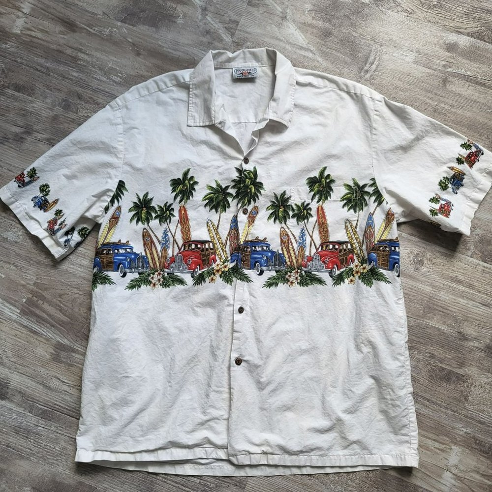 Pacific Legend Hawaiian Button Up Shirt Woody Cars Surfboards Palm Trees 2XL USA